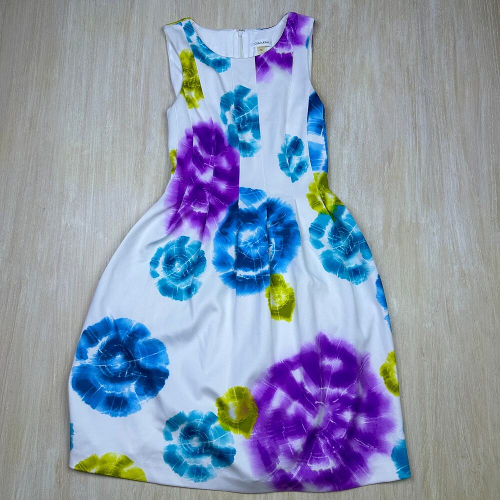 Calvin Klein Tie Dye Floral Graphic Fit Scuba Sleeveless Knit Flare Dress 4